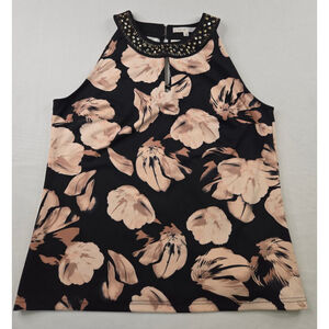 Women's Cleo Black Beige Floral Beaded Halter Blouse Top XL